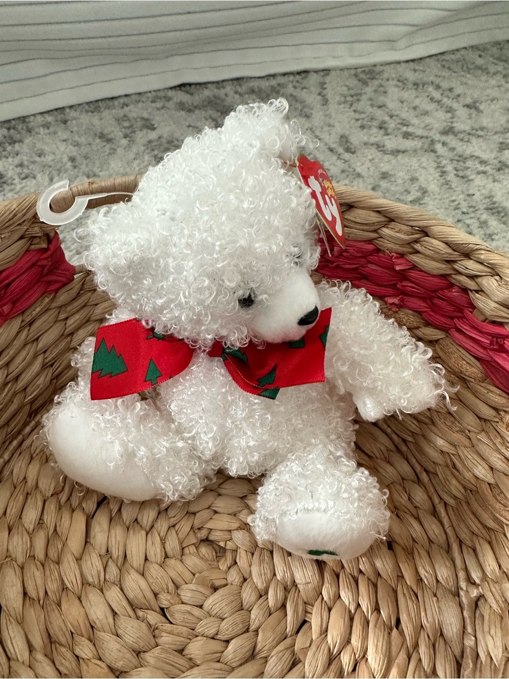 TY White Curly Bear with Red Holiday Bow